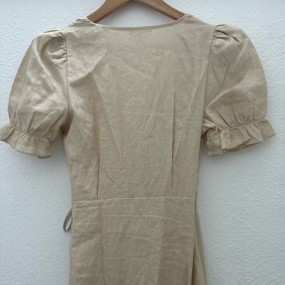 A Love A Wrap Dress Linen Puff Sleeve Hi-Low Hem Ruffle Trim Oat Beige Dress S - Picture 4 of 4